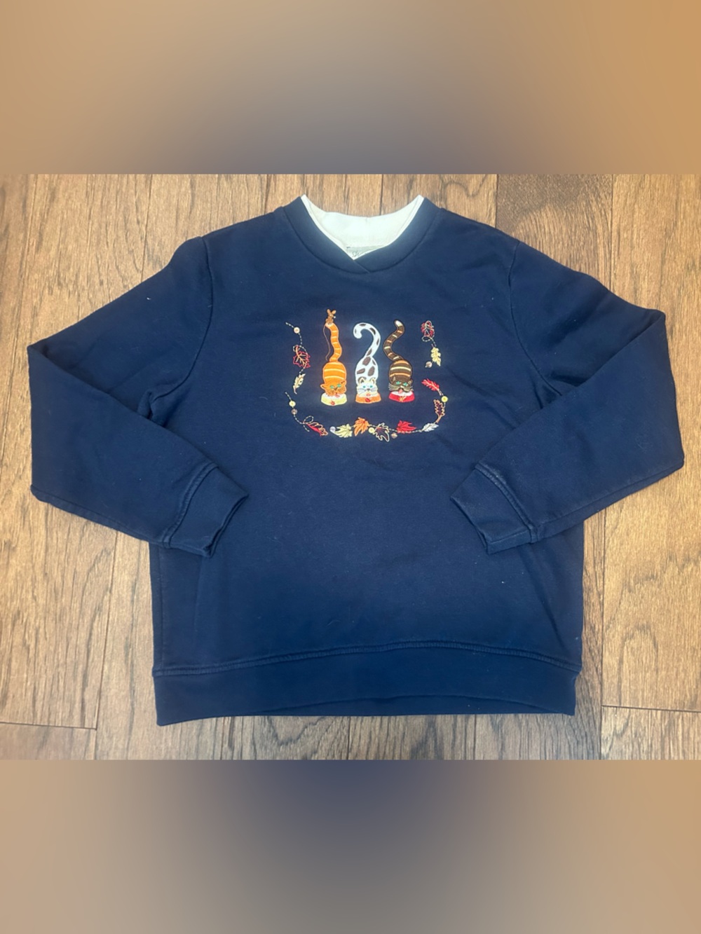 Cozy Autumn Cat Lover Navy Blue Embroidered Pullover Sweatshirt